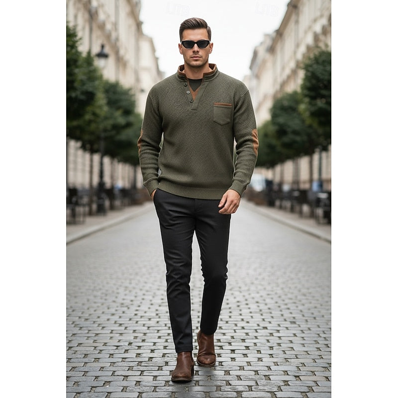 Waffle Knit Henley Shirt with Contrast Trim