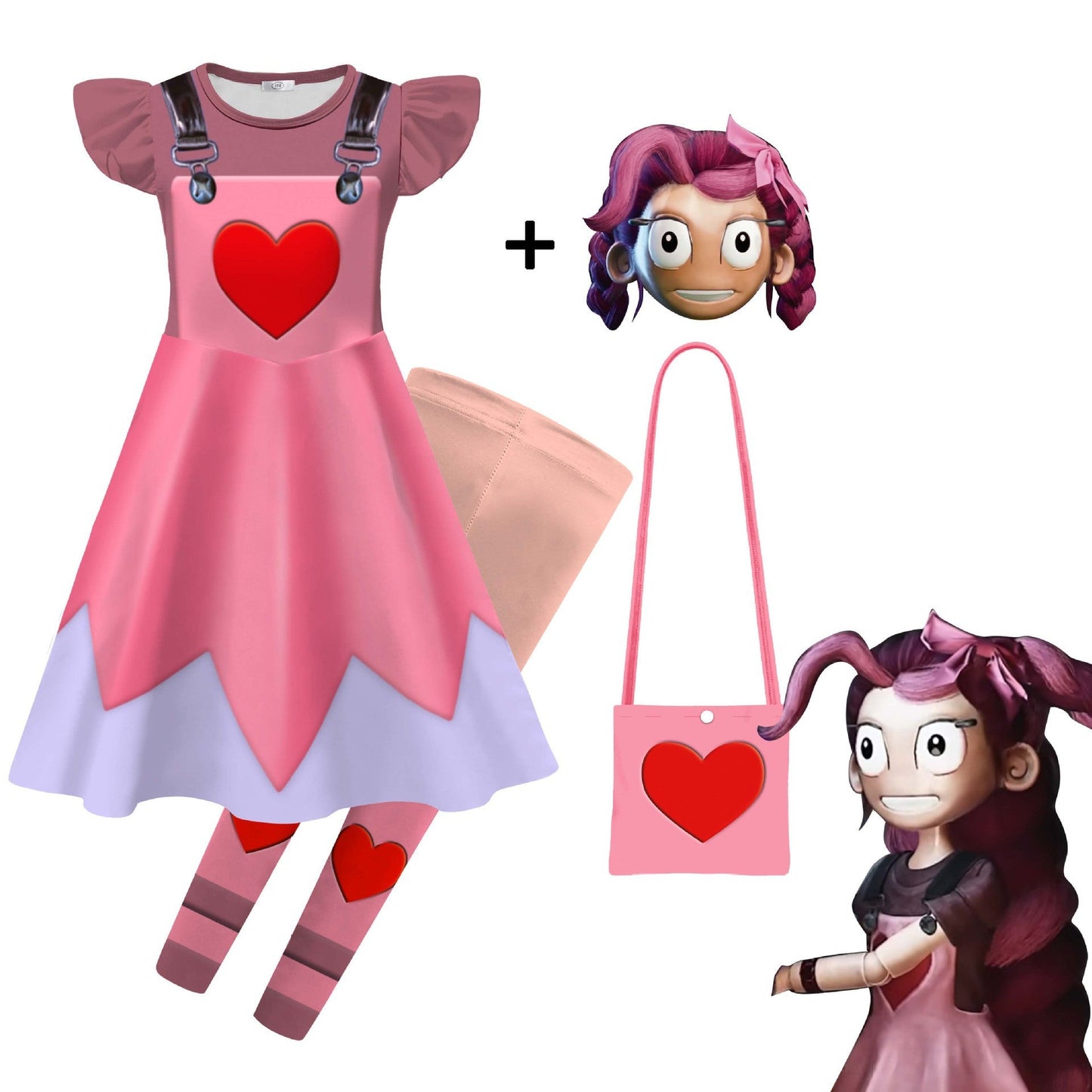 Kids Pink Lily Love Braids Costume Poppy Playtime Cosplay Dress with Matching Leggings and Bag Set for Girls