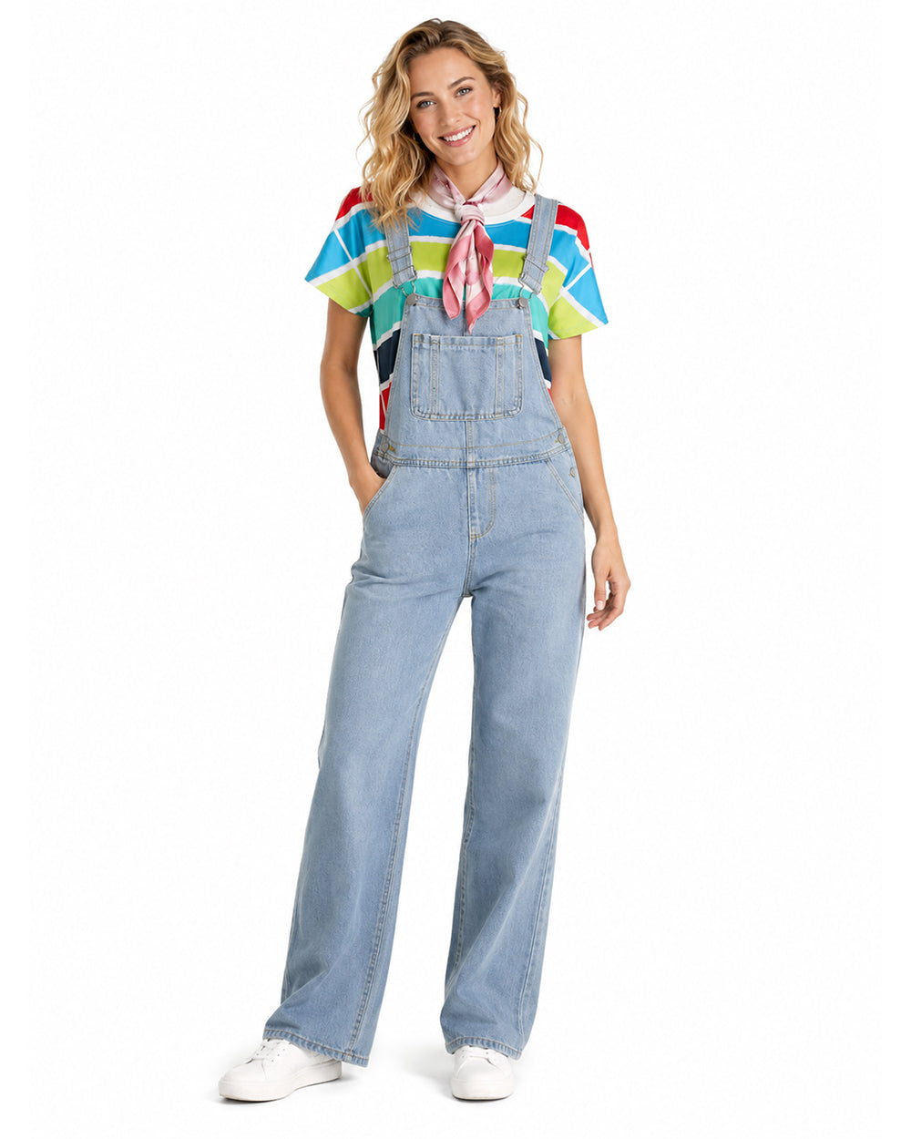 Adult Gracie Green Cosplay Outfit Rainbow Striped T-shirt and Blue Denim Overalls