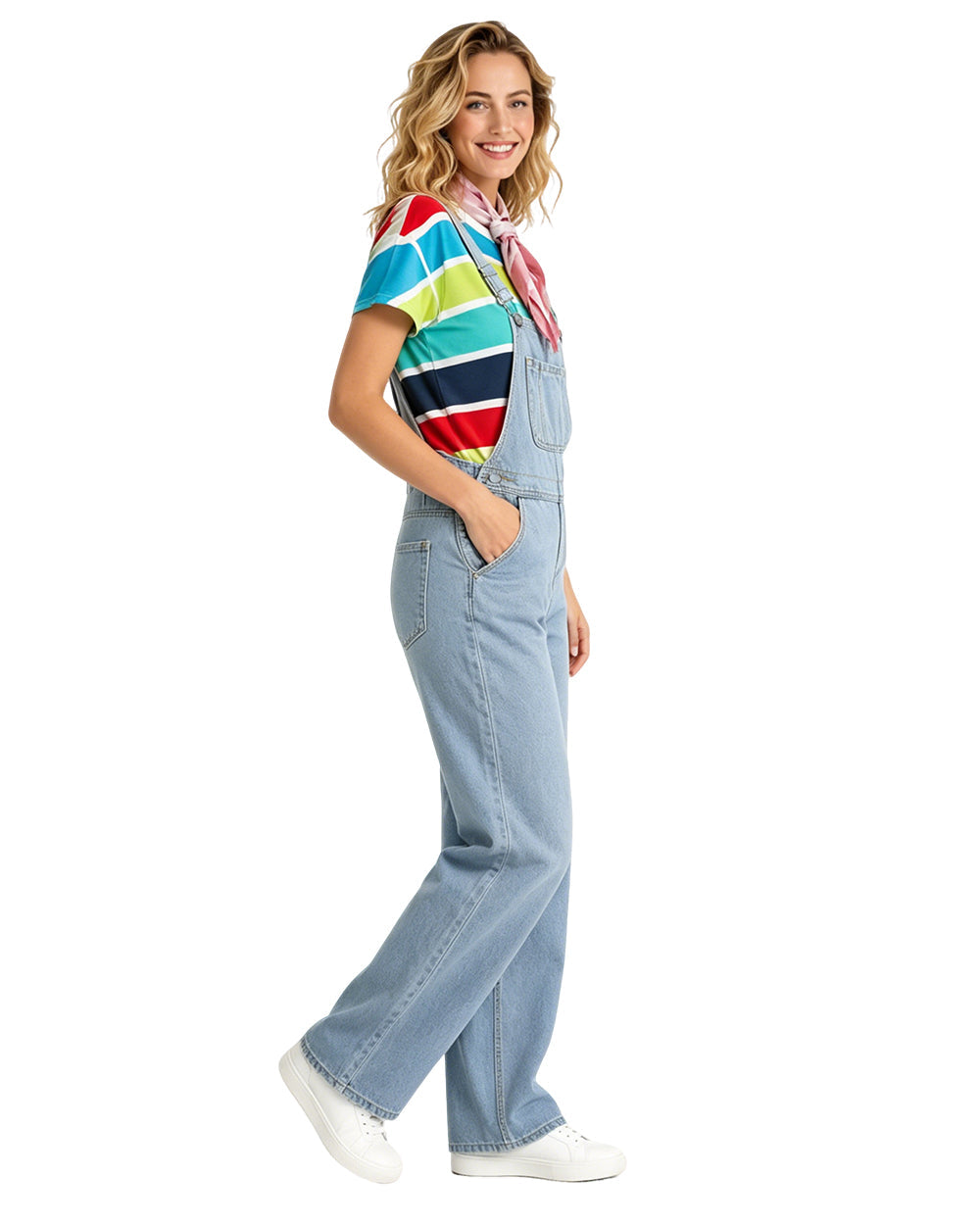 Adult Gracie Green Cosplay Outfit Rainbow Striped T-shirt and Blue Denim Overalls