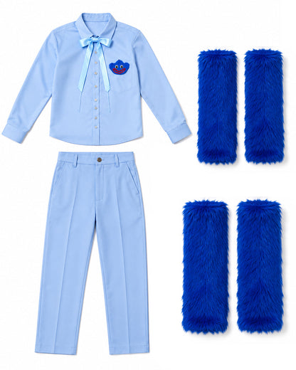 Blue Monster Costume Scary Toy Factory Uniform Set with Fuzzy Cuffs for Kids Adults Themed Party