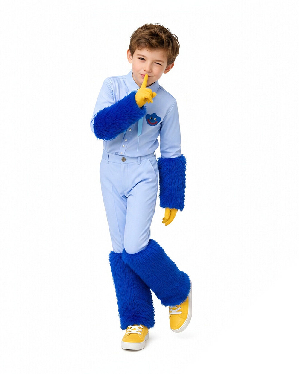 Blue Monster Costume Scary Toy Factory Uniform Set with Fuzzy Cuffs for Kids Adults Themed Party