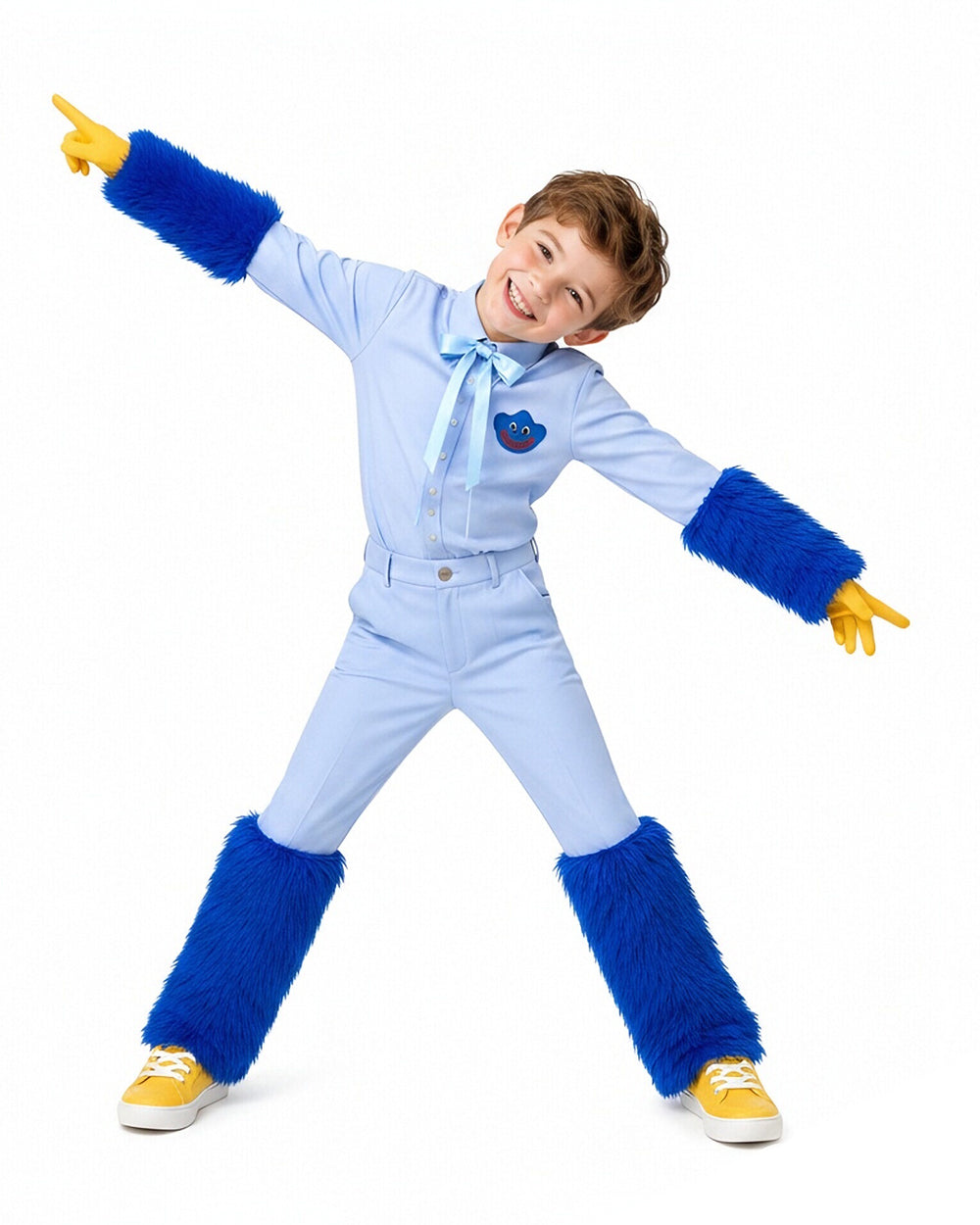 Blue Monster Costume Scary Toy Factory Uniform Set with Fuzzy Cuffs for Kids Adults Themed Party