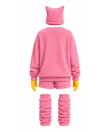 Pink Monster Costume Scary Toy Factory Fluffy Outfit with Hat and Leg Warmers for Kids Adults Halloween Dress Up