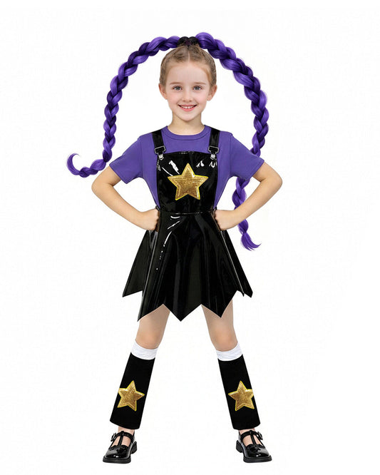 Kids Lily Chapter 5 Costume 2026 Game Play 3-Piece Lily Cosplay Purple Faux Leather Dress Shirt and Leg Sleeves