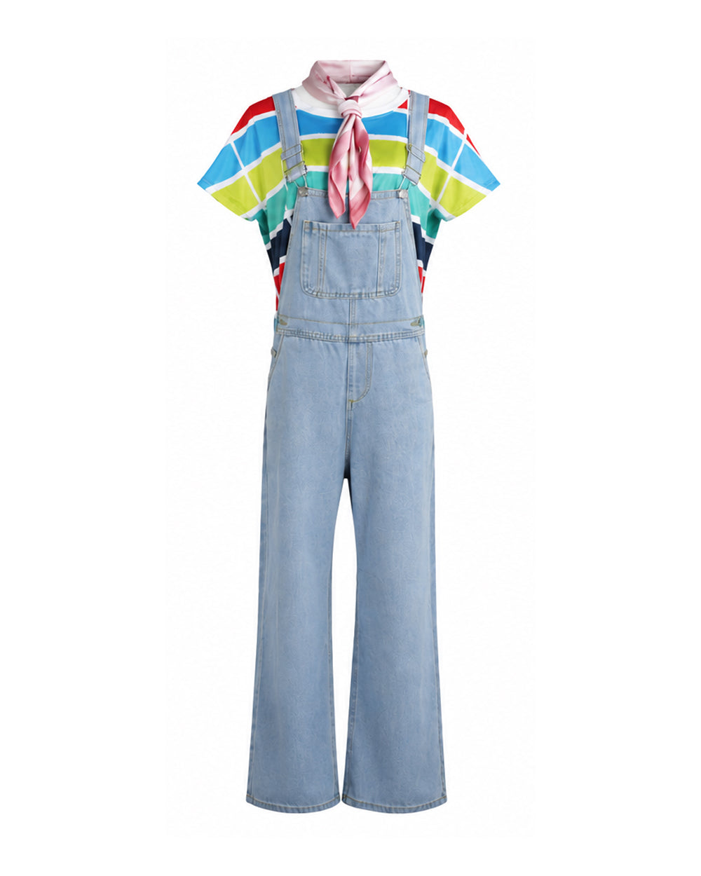 Adult Gracie Green Cosplay Outfit Rainbow Striped T-shirt and Blue Denim Overalls