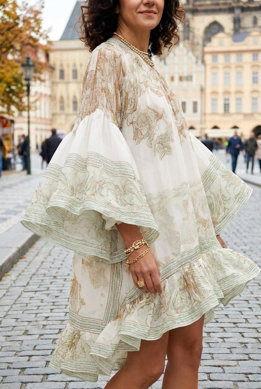 Green Print Ruffle Hem Flounce Sleeve Chiffon Mini Dress