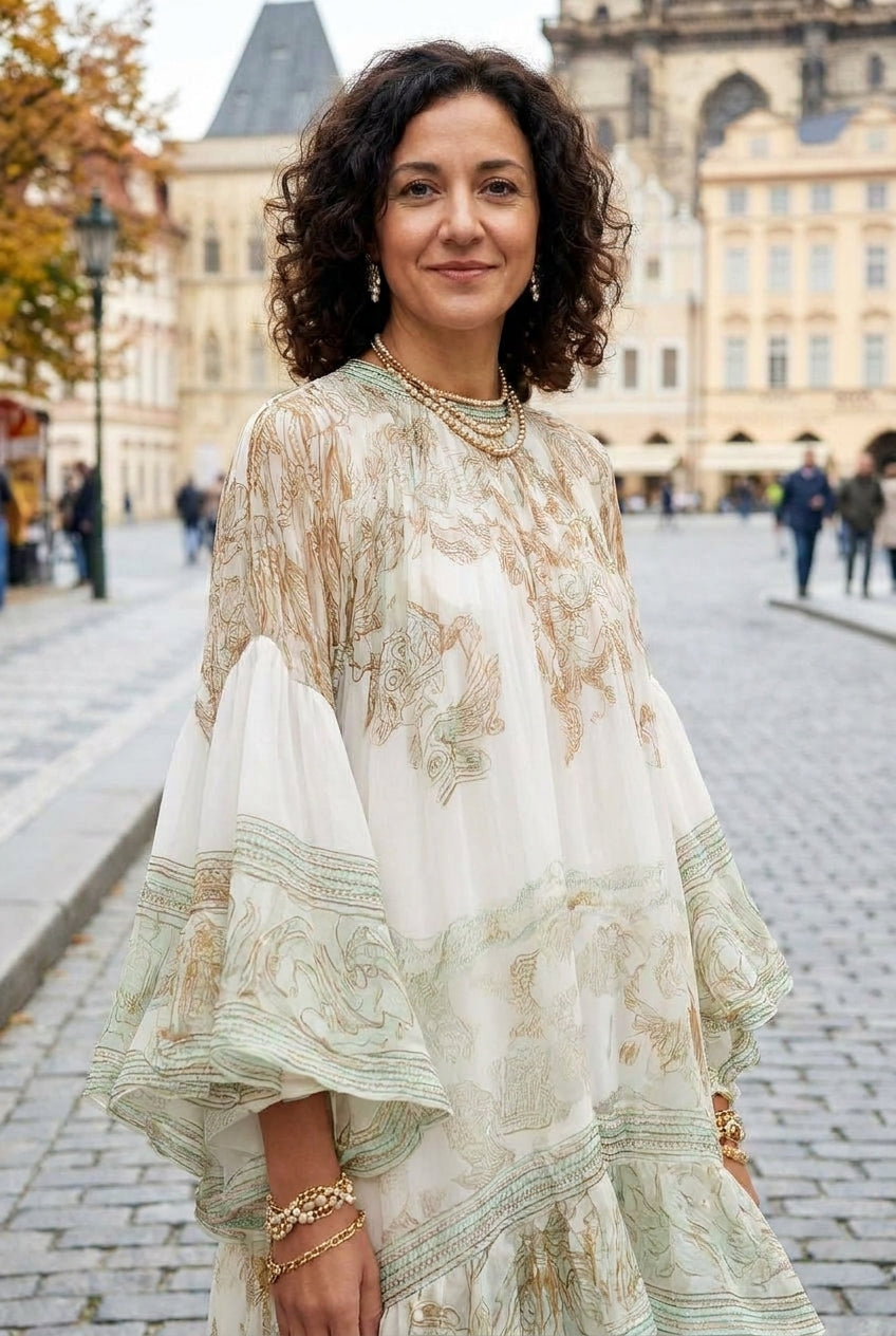 Green Print Ruffle Hem Flounce Sleeve Chiffon Mini Dress
