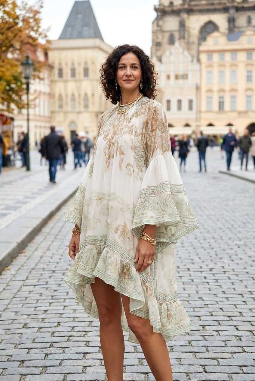 Green Print Ruffle Hem Flounce Sleeve Chiffon Mini Dress
