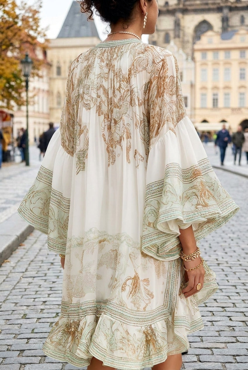 Green Print Ruffle Hem Flounce Sleeve Chiffon Mini Dress