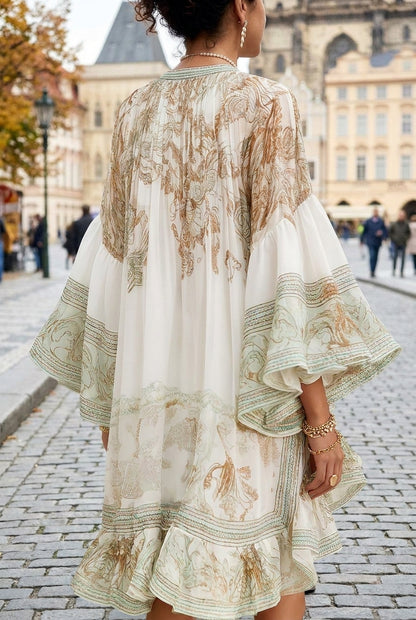 Green Print Ruffle Hem Flounce Sleeve Chiffon Mini Dress