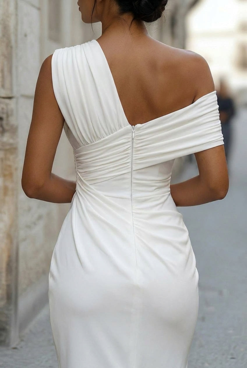Asymmetric Draped High-Neck One-Shoulder Evening Dress