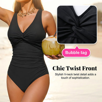 👙Tummy Control Ruched One-Piece – V-Neck & Full Coverage