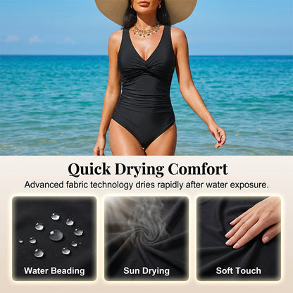 👙Tummy Control Ruched One-Piece – V-Neck & Full Coverage
