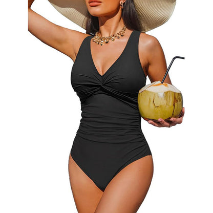 👙Tummy Control Ruched One-Piece – V-Neck & Full Coverage