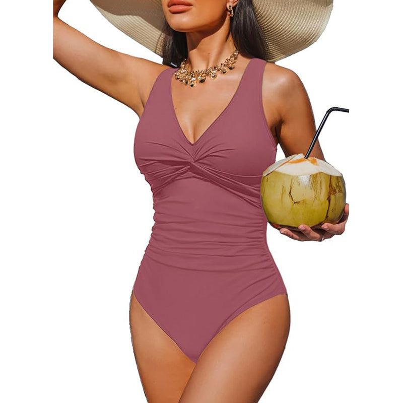 👙Tummy Control Ruched One-Piece – V-Neck & Full Coverage