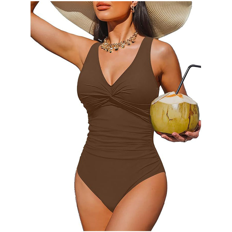 👙Tummy Control Ruched One-Piece – V-Neck & Full Coverage