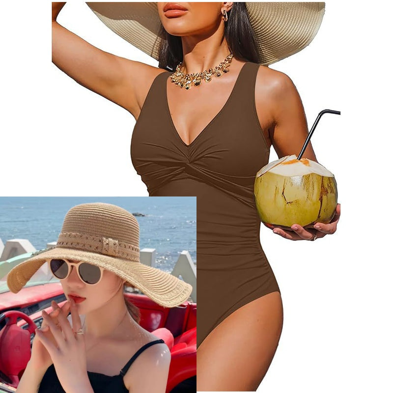 👙Tummy Control Ruched One-Piece – V-Neck & Full Coverage