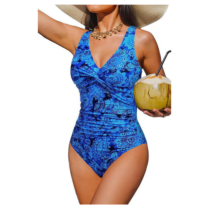 👙Tummy Control Ruched One-Piece – V-Neck & Full Coverage