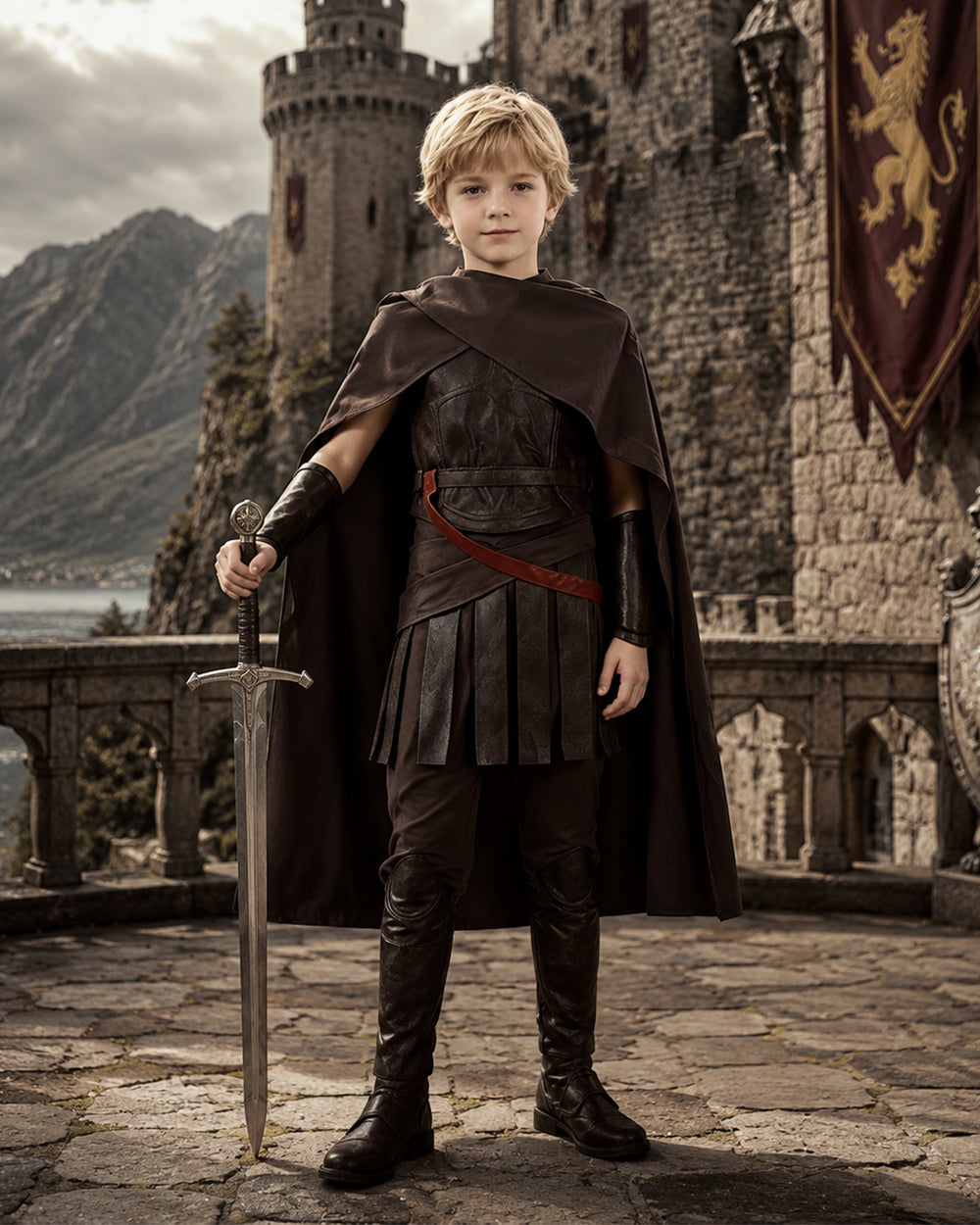 Ancient Greek King Odysseus Costume Dark Brown Odysseus Armor Set with Cloak for Kids Adults Halloween Carnival