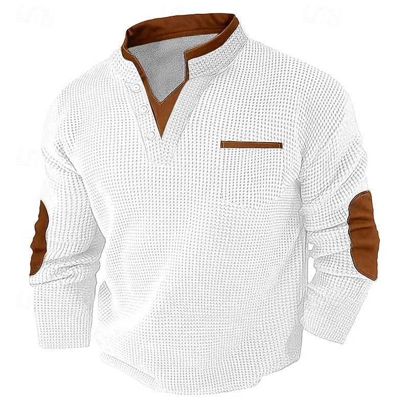 Waffle Knit Henley Shirt with Contrast Trim