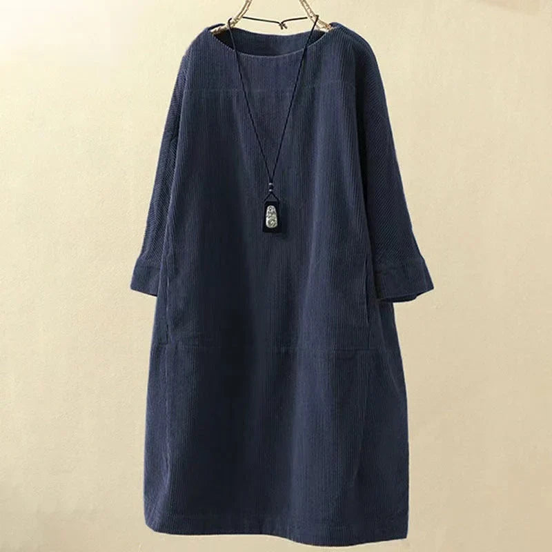 Women's Winter Dress | Midi Corduroy Shift Long Sleeve