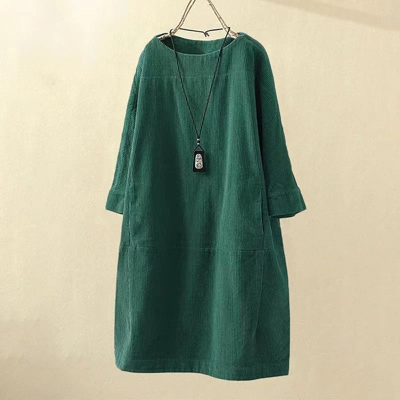 Women's Winter Dress | Midi Corduroy Shift Long Sleeve