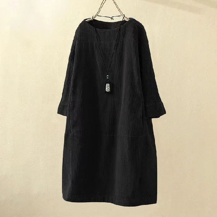 Women's Winter Dress | Midi Corduroy Shift Long Sleeve