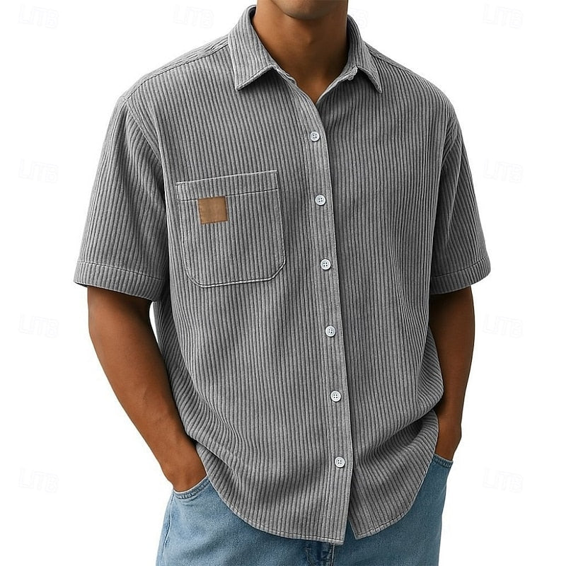 Ribbed Corduroy Short-Sleeve Shirt with Chest Pocket