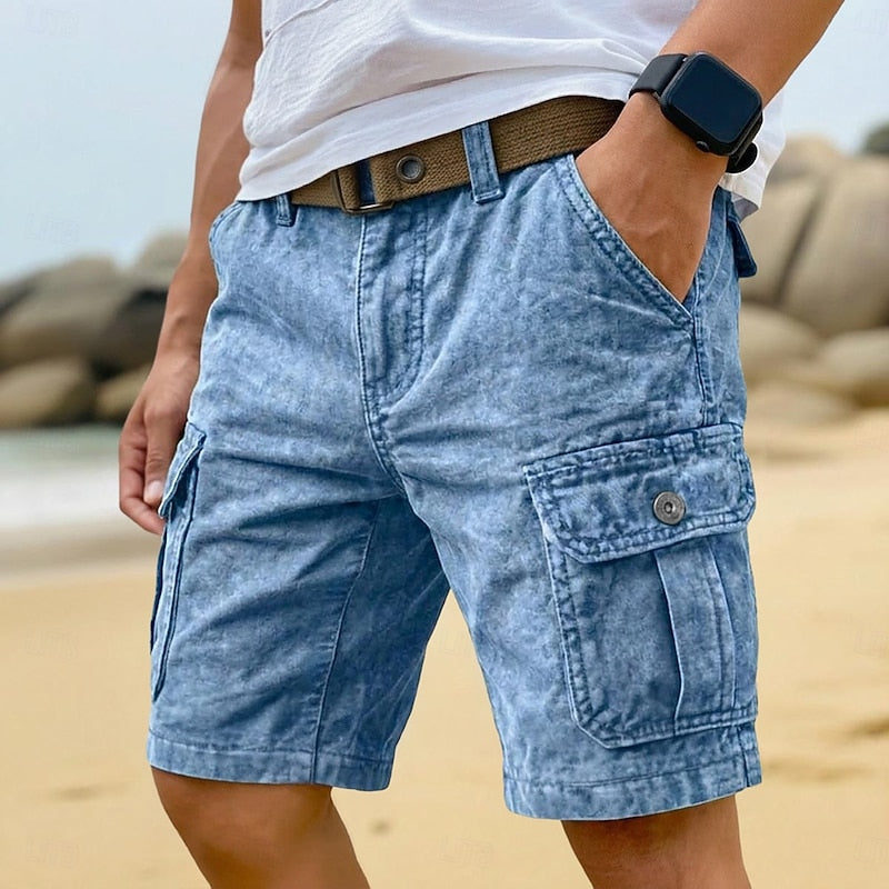 Washed Cotton Cargo Shorts with Utility Pockets
